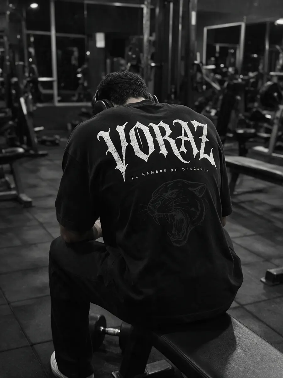 Espalda de la camiseta VORAZ Pantera negra en el gimnasio